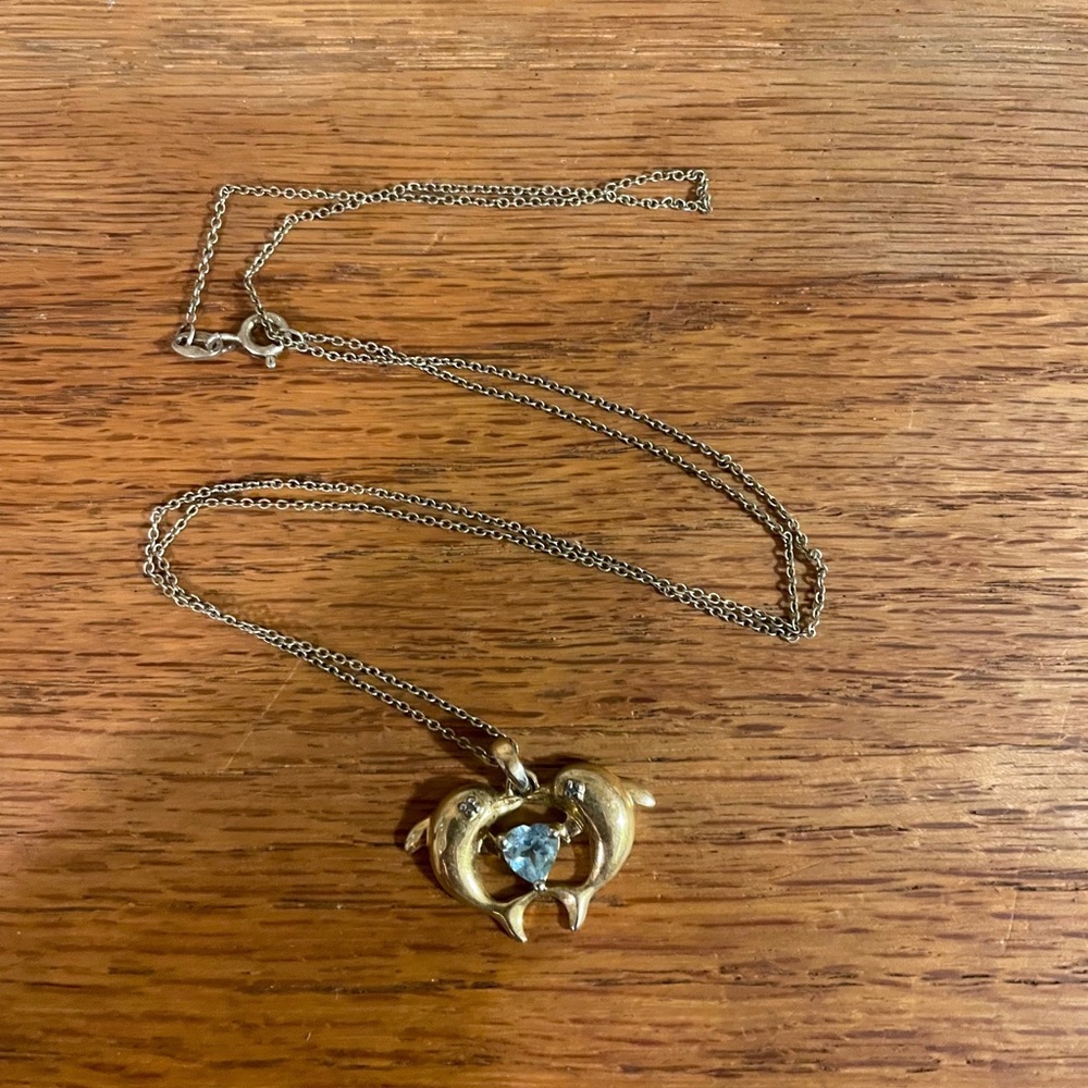 Gold Dolphin Pendant Necklace with Blue Topaz